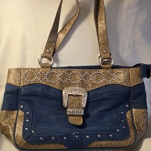 Western Denim Faux Leather Bag 13" X 10" Rhinestone Buckle  5" Gusset 22…